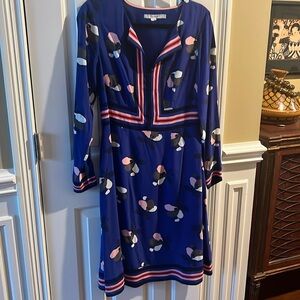 Blue dress with black ,cream, red details